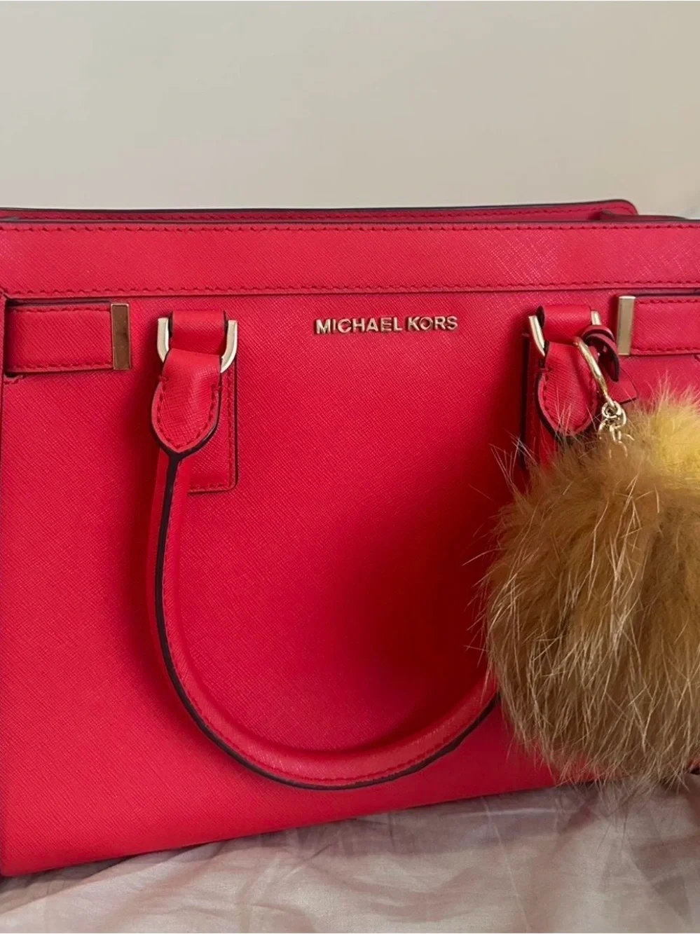 MICHAEL KORS Bright Red Saffiano Satchel with Fur Pom